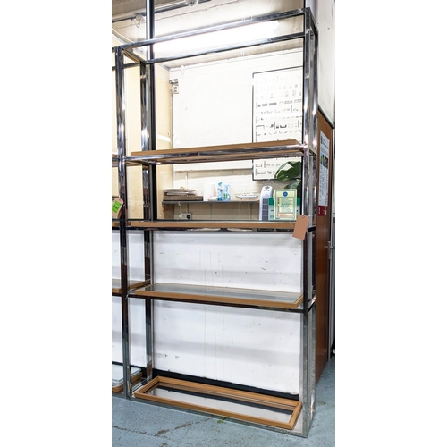 42 - OPEN SHELVES, 126cm x 244cm H x 31cm, the chrome frame with smaller unsecured wooden frames and glas... 