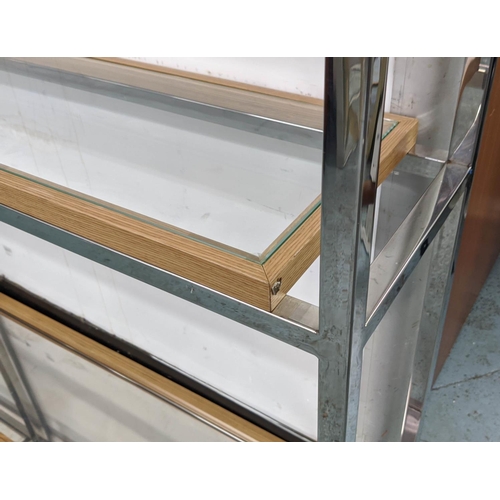 42 - OPEN SHELVES, 126cm x 244cm H x 31cm, the chrome frame with smaller unsecured wooden frames and glas... 