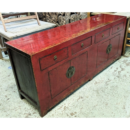 387 - CHINESE SIDEBOARD, 179cm x 46cm x 76cm H red lacquer with four drawers and four doors.