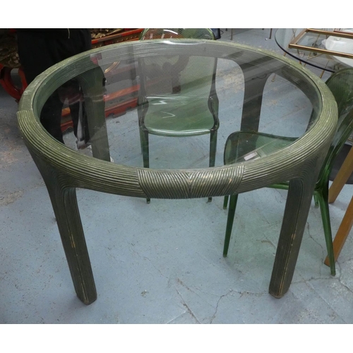 9 - DINING TABLE, bamboo design frame in green finish, glass top, 120cm diam x 77cm H.