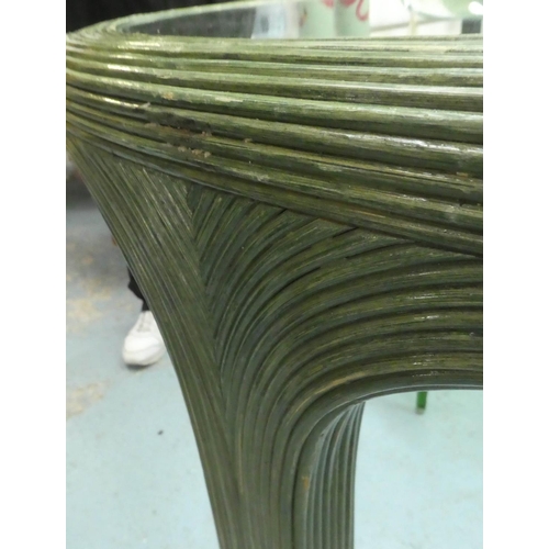 9 - DINING TABLE, bamboo design frame in green finish, glass top, 120cm diam x 77cm H.