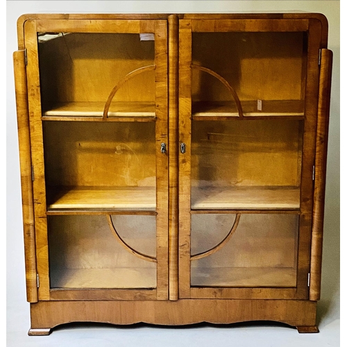 347 - ART DECO DISPLAY CASE, walnut with two glazed doors and shelves, 117cm H x 106cm x 31cm.