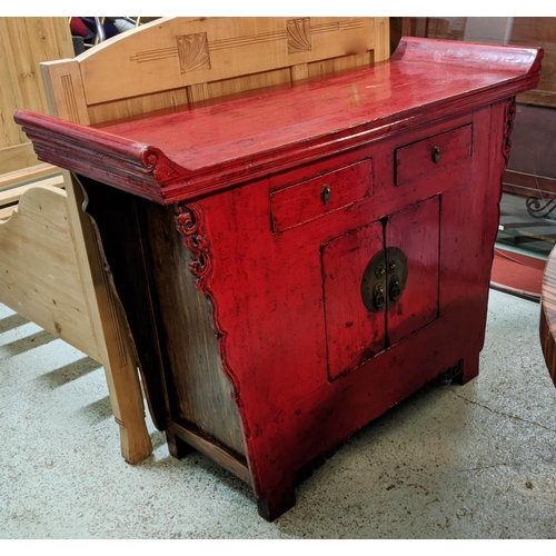 389 - CHINESE CABINET, 121cm x 95cm H x 47cm, red lacquer with two drawers above two doors.