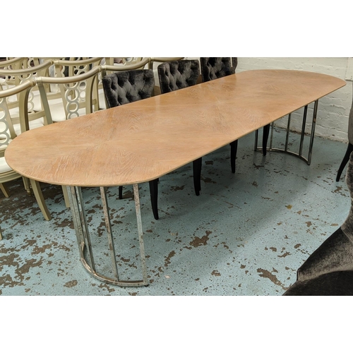 30 - DINING TABLE, wood with metal legs, 290cm L x 100cm x 77.5cm H.