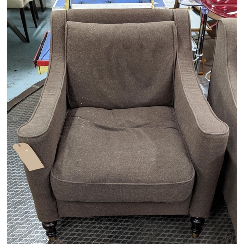 58 - ARMCHAIRS, a pair, 81cm W brown fabric upholstered. (2)