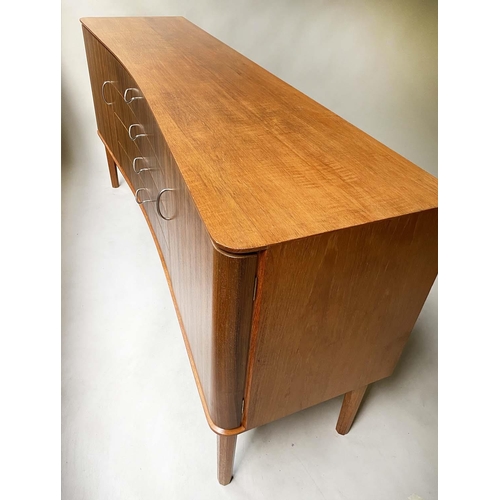 57 - GORDON RUSSELL STANWAY SIDEBOARD, 1960 teak, concave with four drawers flanked by cupboards, dated a... 