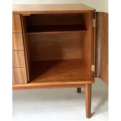 57 - GORDON RUSSELL STANWAY SIDEBOARD, 1960 teak, concave with four drawers flanked by cupboards, dated a... 