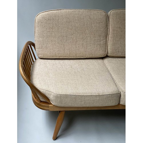 54 - ERCOL SURFBOARD SOFA, 205cm W, elm and beech slatted, with seat cushions and surfboard back.