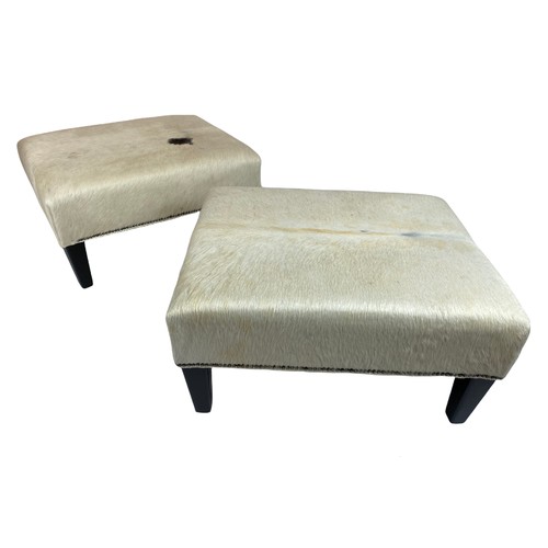 24 - COWHIDE FOOTSTOOLS, a pair, with ebonised supports, 40cm H x 76cm x 62cm. (2)