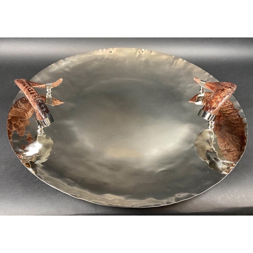 74 - SERVING TRAY, large, nickel, faux horn handles, 63cm diam.