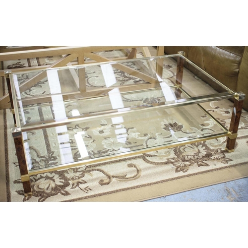 51 - PIERRE VANDEL LOW TABLE, brass and burr elm with two bevelled glass tiers. 40cm H x 128cm W x 78cm D