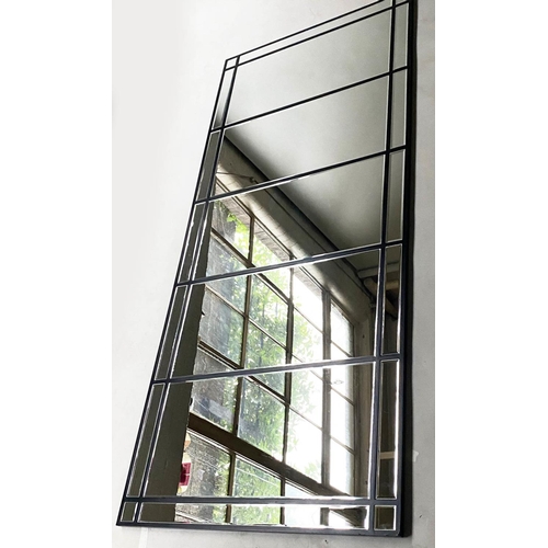 33 - WINDOW PANE MIRROR, Tall black painted with bevelled Windsor style original plates. 180cm H x 80cm W
