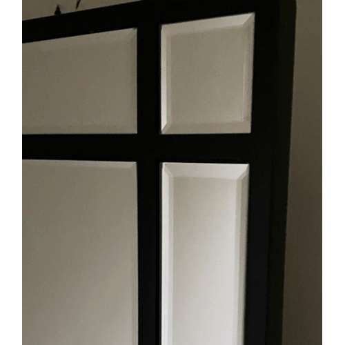 33 - WINDOW PANE MIRROR, Tall black painted with bevelled Windsor style original plates. 180cm H x 80cm W