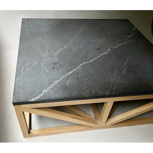 34 - LOW TABLE, Large square striated grey marble on solid oak 'x'  stretchered support, 135cm x 135cm x ... 