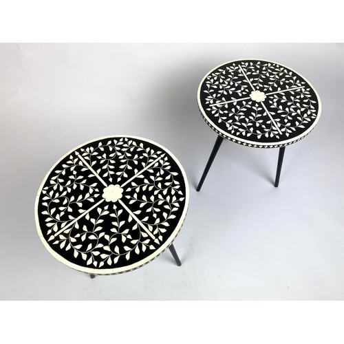 65 - SIDE TABLES, a pair, 46cm H x 41cm x 41cm, Moorish design inlaid tops on tripod metal legs. (2)