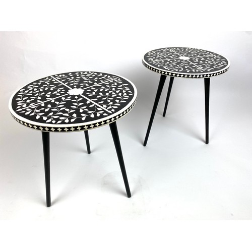 65 - SIDE TABLES, a pair, 46cm H x 41cm x 41cm, Moorish design inlaid tops on tripod metal legs. (2)