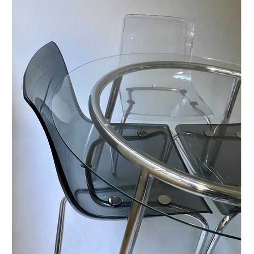 82 - KITCHEN TABLE AND CHAIRS, 95cm diam. x 72cm H, glazed top on chromium base, with four cantilever cha... 