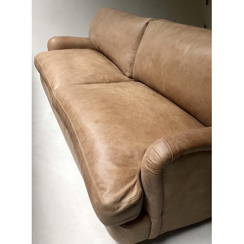 52 - LOAF JONESY SOFA, tan leather with aged oak supports. 215cm W