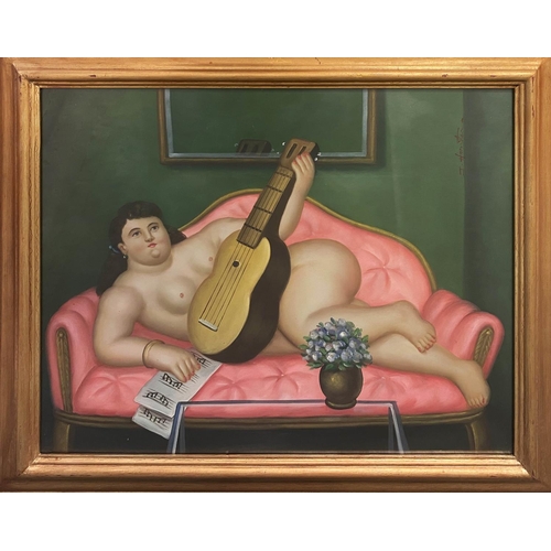 93 - MANNER OF FERNANDO BOTERO (Columbian b. 1932), 'Woman with Guitar', oil on board, 51cm x 62cm, frame... 