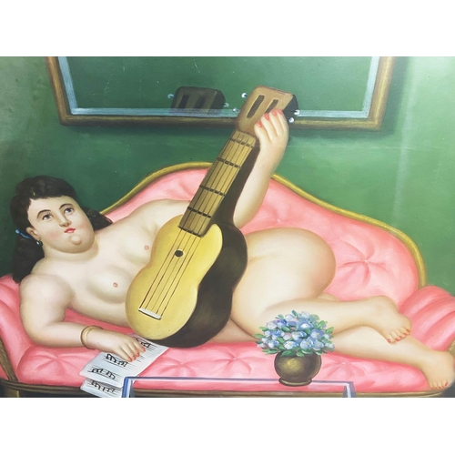 93 - MANNER OF FERNANDO BOTERO (Columbian b. 1932), 'Woman with Guitar', oil on board, 51cm x 62cm, frame... 