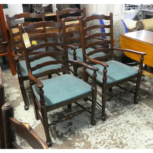 DINING ARMCHAIRS, 60cm x 108cm H, a set of eight, oak, ladder backs with blue herringbone drop in seats. (8)