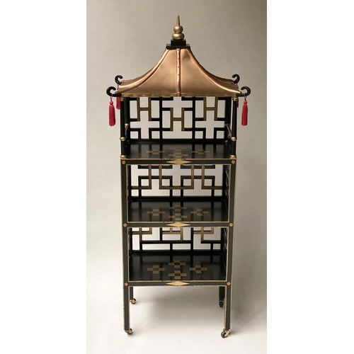 PAGODA SHELVES, Japanese style lacquered and gilt with three shelves, pierced lattice supports and copper pagoda top, 54cm x 33cm x 135cm H.