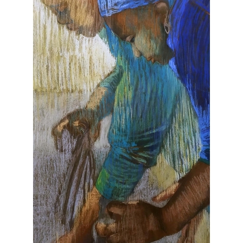 41 - EM ISAACSON (Contmporary British) 'Wash Day', pastel on paper, label to verso, 65cm x 50cm, framed.