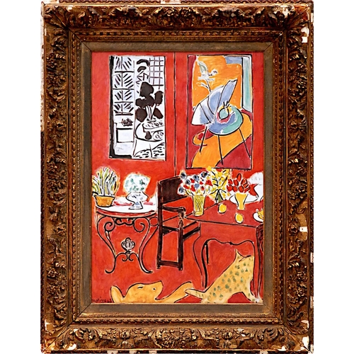 51 - After HENRI MATISSE 'Red Interior', quadrichrome, 65cm x 45cm, in vintage French glazed frame.