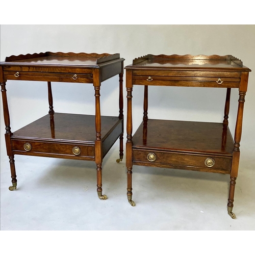 LAMP TABLES, a pair, George III design burr elm each with two tiers and drawer. 60cm x 45cm x 45cm. (2)