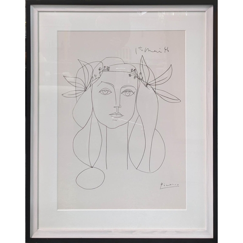 After PICASSO 'Head of Woman', War and Peace series, 94cm x 73.5, framed and glazed.