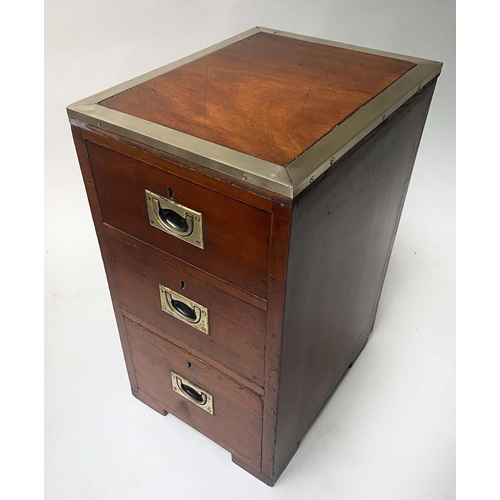 129 - CAMPAIGN BEDSIDE CHESTS, a pair mahogany each with three drawers, 31cm W x 51cm D x 56cm H. (2)