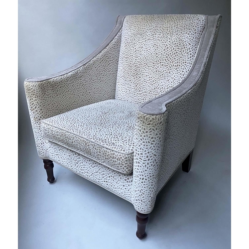 135 - ARMCHAIRS, a pair, taupe/grey upholstered with turned front supports, 75cm W. (2)