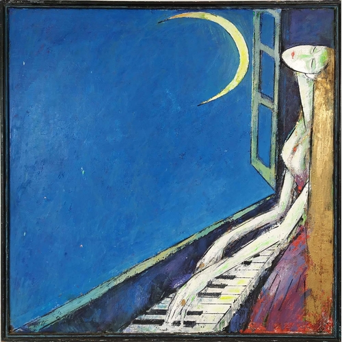 36 - DIMITRE FECHET (Romanian) 'Piano by Moonlight', oil on canvas, monogrammed, 90cm x 90cm, framed.
