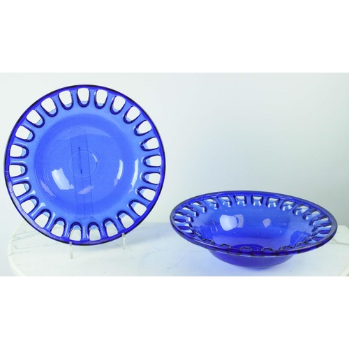 95 - GLASS BOWLS, a pair, cobalt blue with pierced rims, 40cm
