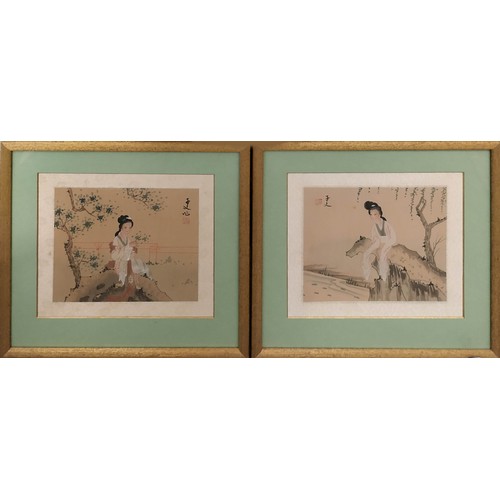 39 - CHINESE SCHOOL 'Figural Studies in Flowering Gardens', watercolors, a set of seven, 19cm x 21cm each... 