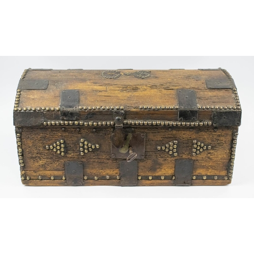 SMALL TRUNK, 24cm H x 51cm W x 41cm D, 18th century Georgian pine, brass studded and iron bound with sugar paper lined interior.