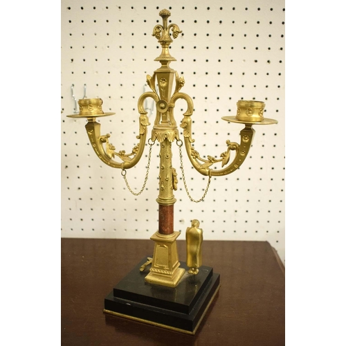 99 - CANDELABRA, a pair, 19th century gilt metal with mask and figural decorations, 35cm H x 25cm W. (2)