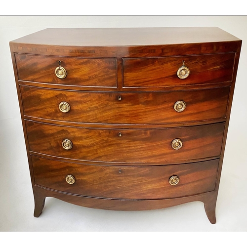 112 - BOWFRONT CHEST, Regency figured mahogany with inlaid frieze, five drawers and swept supports, 90cm x... 