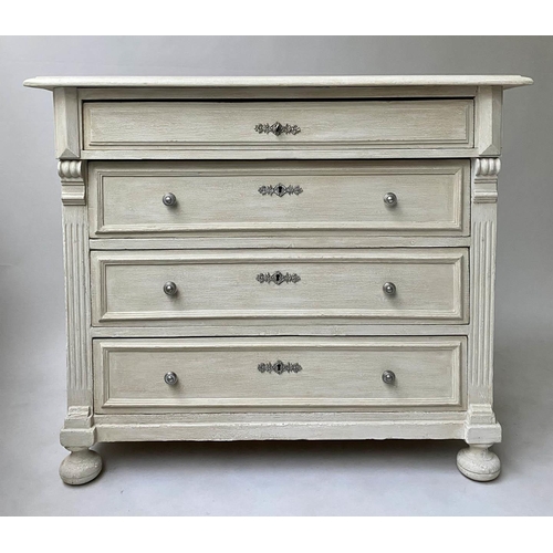 115 - COMMODE, 19th century French Napoleon III grey painted with four long drawers and fluted pilasters, ... 