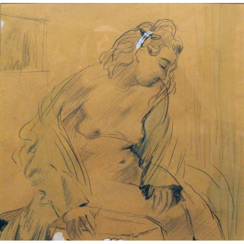 72 - 20th CENTURY SCHOOL 'Nude Study of a Seated Woman', graphite and white lead on brown paper, 32cm x 3... 