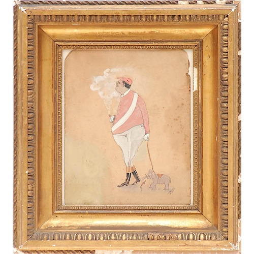 64 - EARLY 20th CENTURY FRENCH SCHOOL 'Jockey Smoking while Walking a Mini Elephant', ink and gouache on ... 