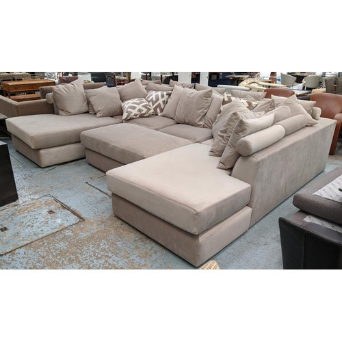 SECTIONAL SOFA AND OTTOMAN, 400cm x 300cm x 105cm, Contemporary velvet upholstered, with scatter cushions.