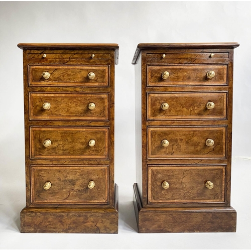 152 - BEDSIDE CHESTS, a pair, Georgian style burr walnut and crossbanded each with four drawers and slide.... 