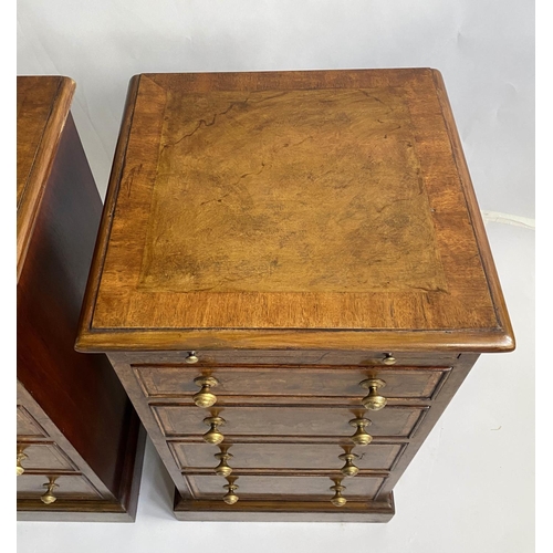 152 - BEDSIDE CHESTS, a pair, Georgian style burr walnut and crossbanded each with four drawers and slide.... 