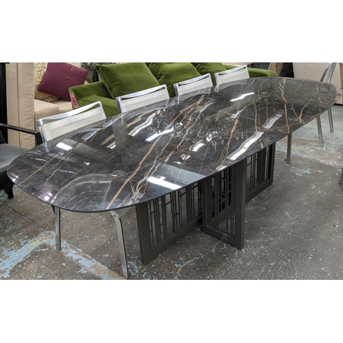 572 - D'ALL AGESE DINING TABLE, marble topped, metal abstract design base, 74cm H x 240cm L x 100cm D.
