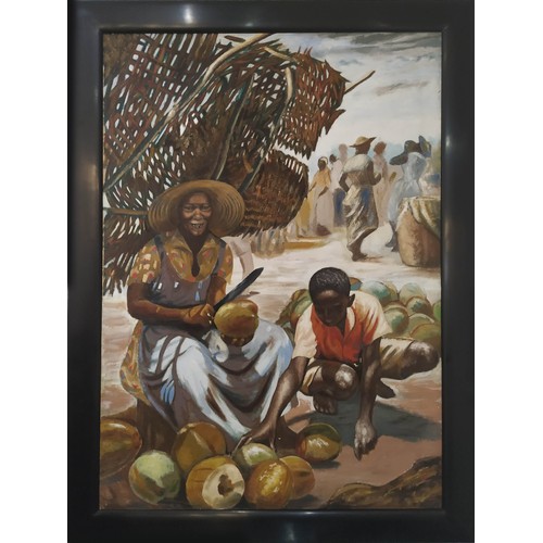 80 - FOLLOWER OF WINSLOW HOMER, 'Market Scene with Coconut Traders', oil on board, 115cm x 80cm, framed.