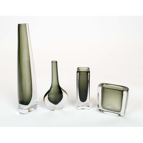 35 - ORREFORS VASES, four pieces, mid-century, smoked glass including a Nils Landberg soliflower vase and... 