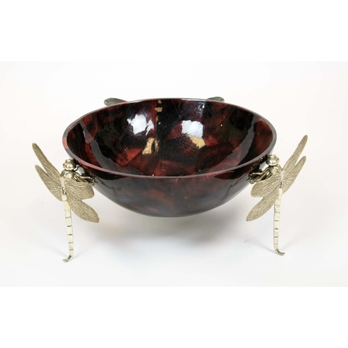39 - DRAGONFLY BOWL, red and black pen shell bowl with three metal dragonfly supports, 60cm diam x 24cm H... 