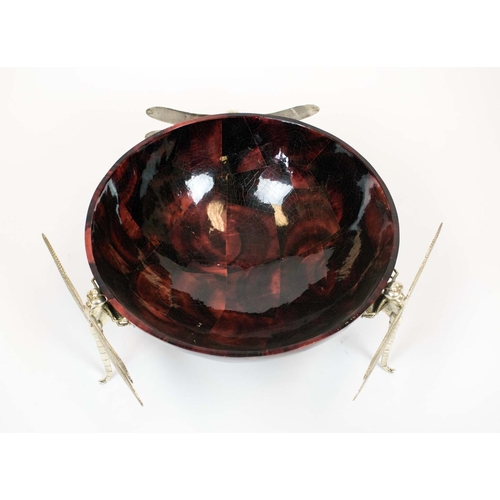 39 - DRAGONFLY BOWL, red and black pen shell bowl with three metal dragonfly supports, 60cm diam x 24cm H... 