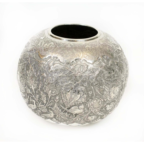4 - A PERSIAN WHITE METAL VASE, probably high grade silver, ovoid in form, embossed body depicting birds... 